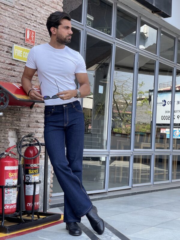 Carbon navy blue straight fit jeans with gold tone stitch - Image 2