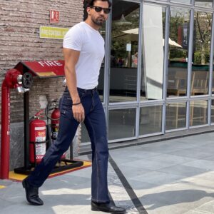 Carbon navy blue straight fit jeans with gold tone stitch