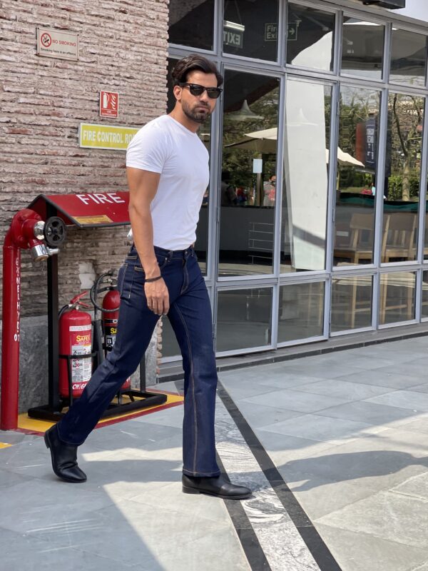 Carbon navy blue straight fit jeans with gold tone stitch