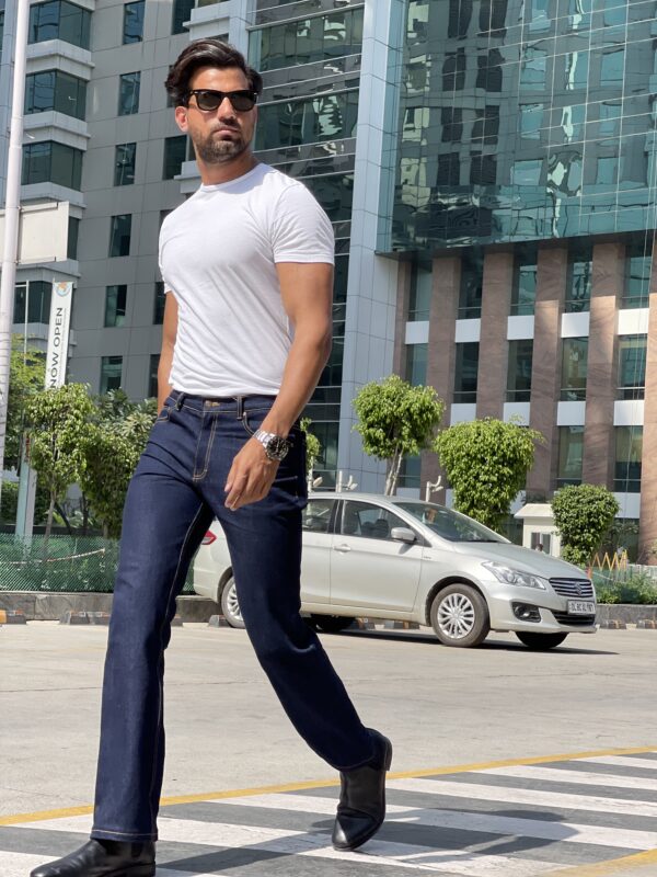Carbon navy blue straight fit jeans with gold tone stitch - Image 3
