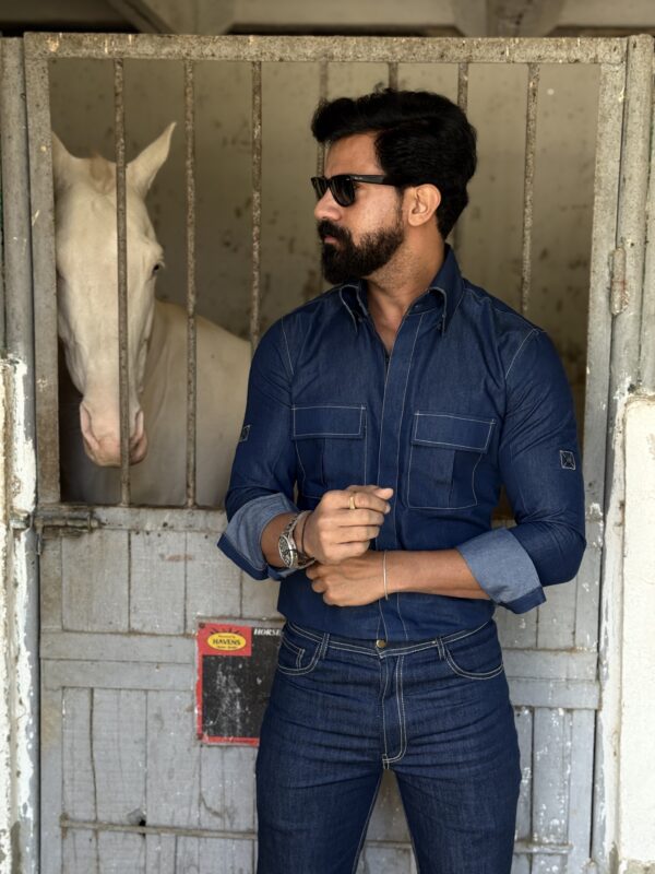 Classy blue fit denim double pocket shirt - Image 2