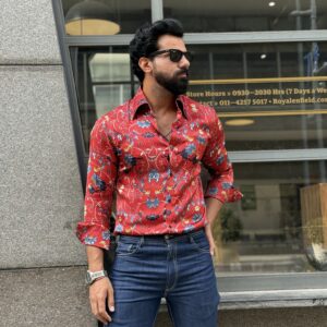 Red floral satin shirt
