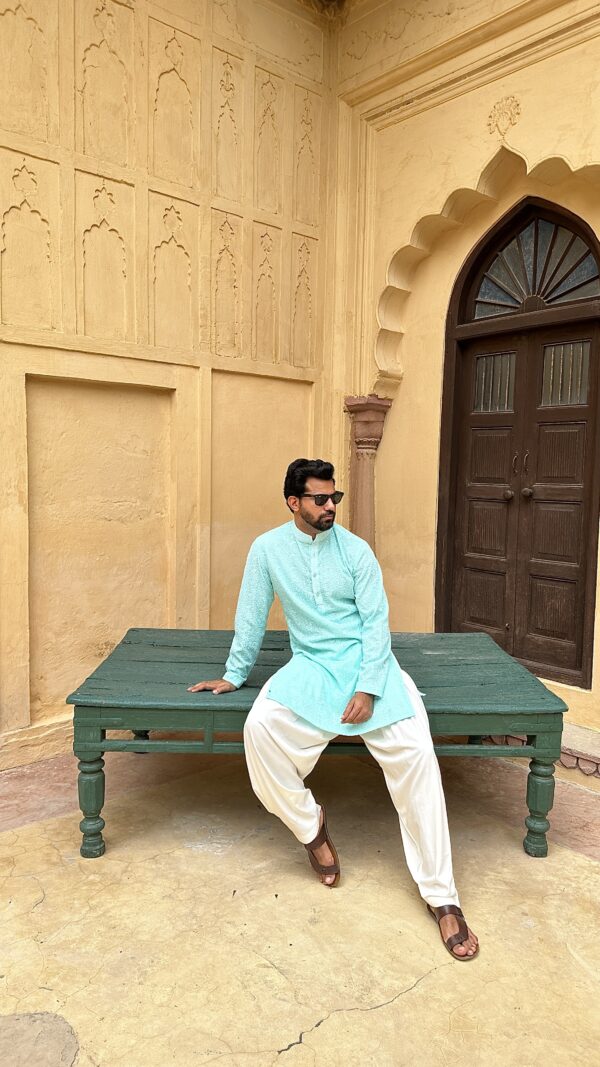 Aqua Chikan embroidered kurta - Image 3
