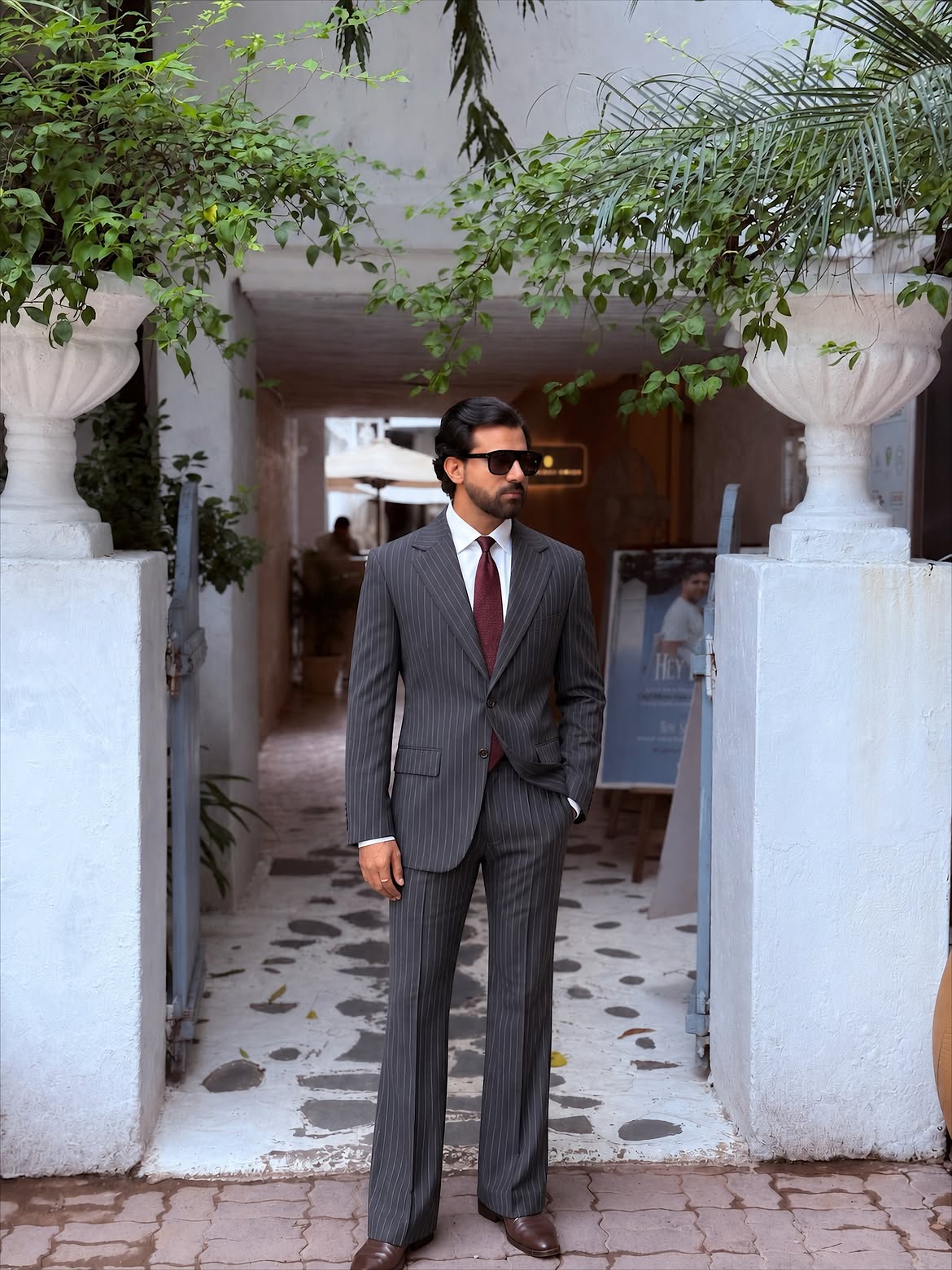 Home charcoal-grey pinstripe suit